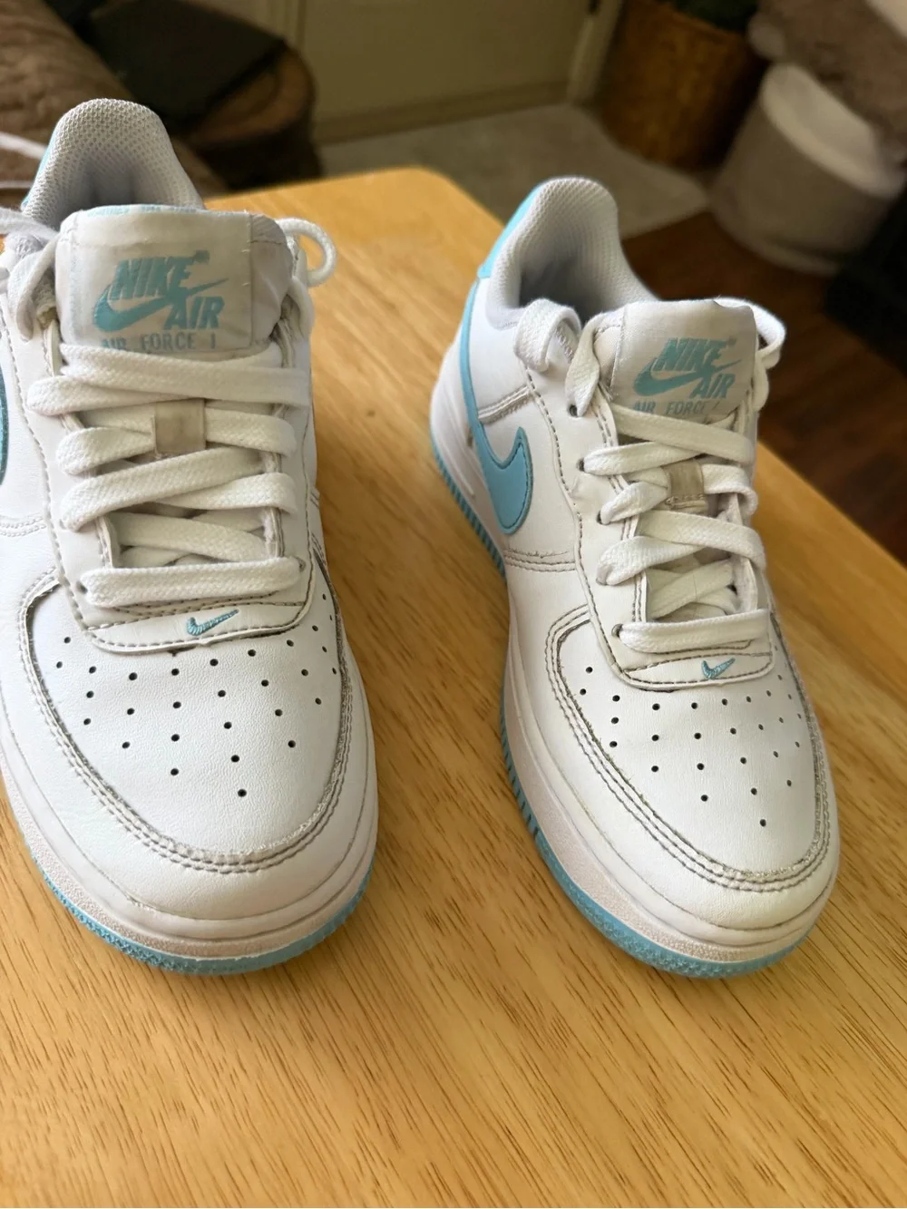 Nike Kids White Sneakers with Light Blue Swoosh